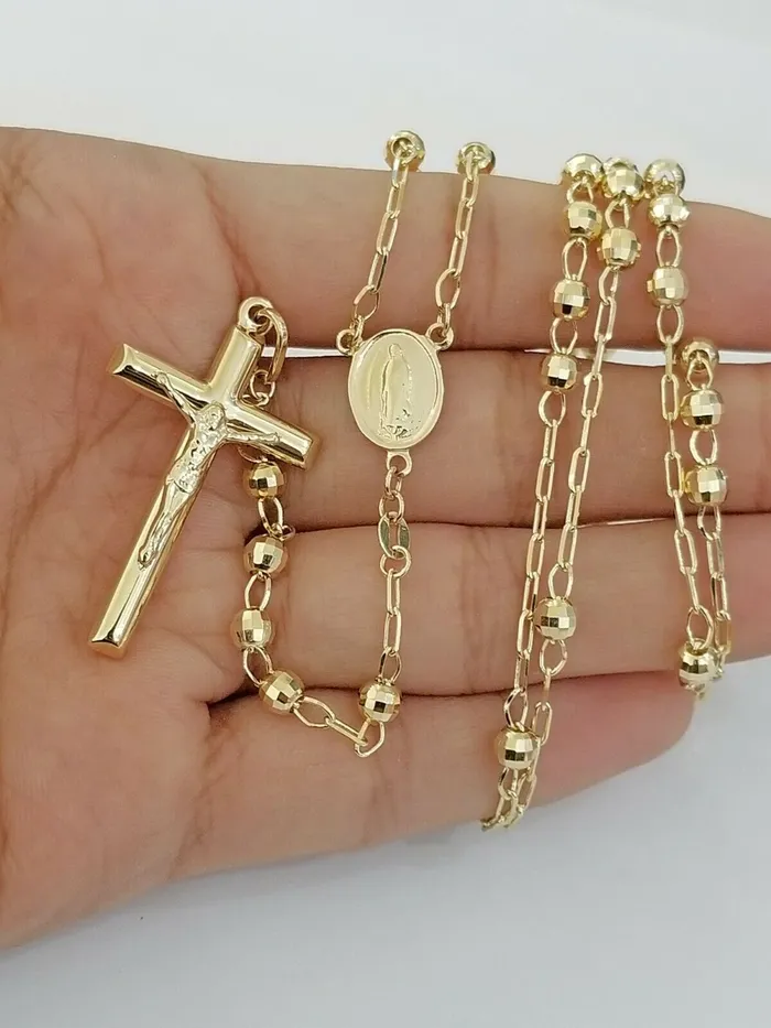 Real 14k Yellow Gold Diamond Cut Jesus Crucifix Rosary Necklace 4mm 29 Gold and Diamond Necklaces