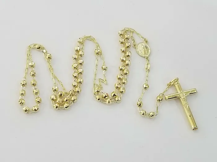 Real 14k Yellow Gold Diamond Cut Jesus Crucifix Rosary Necklace 4mm 29 Gold and Diamond Necklaces