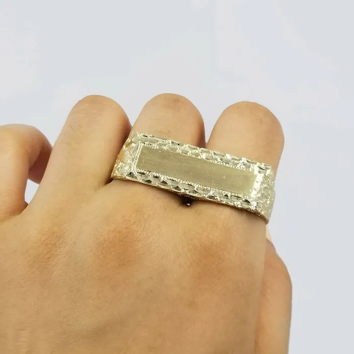 Rings Gold and Diamond 10k Mens Yellow Gold Two Finger ID Nugget Ring Diamond Cut Double Finger REAL