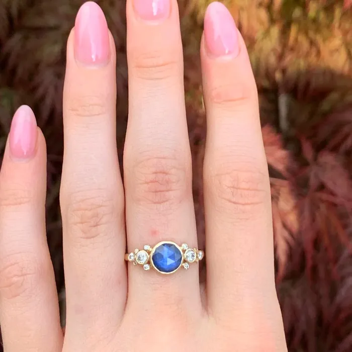 Blue Sapphire ring with White diamond Lace in 14k gold Emily Amey Jewelry Rings