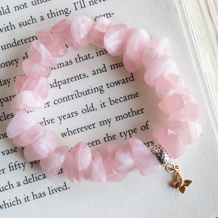 Bracelets Elisa Ilana Frosted Rose Quartz Butterfly Stretch Bracelet