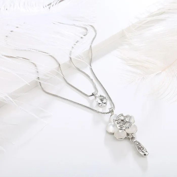 New Opal Flower Silver Color Chain Crystal Long Pendant Necklaces sparklingselections Necklaces