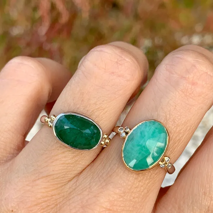 Rings Emily Amey Jewelry Checkerboard Emerald ring in sterling silver with 14k gold beads