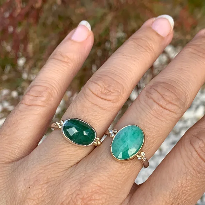 Rings Emily Amey Jewelry Checkerboard Emerald ring in sterling silver with 14k gold beads