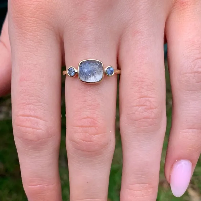 Rings Emily Amey Jewelry Dumortierite Cabochon Ring with Periwinkle Sapphires in 14k yellow gold